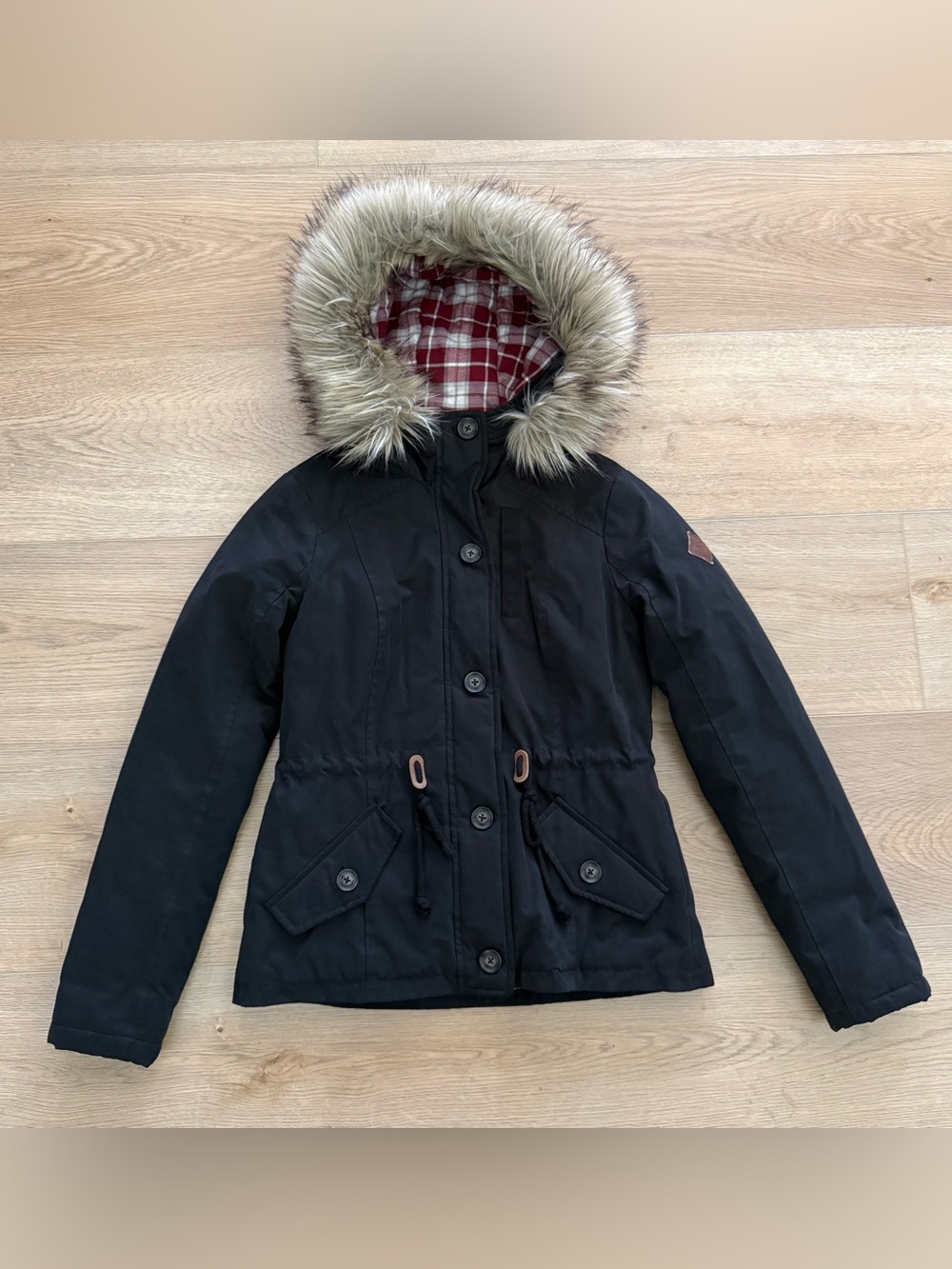 Hollister Faux Fur Hood Plaid Lined Parka Jacket Black Small